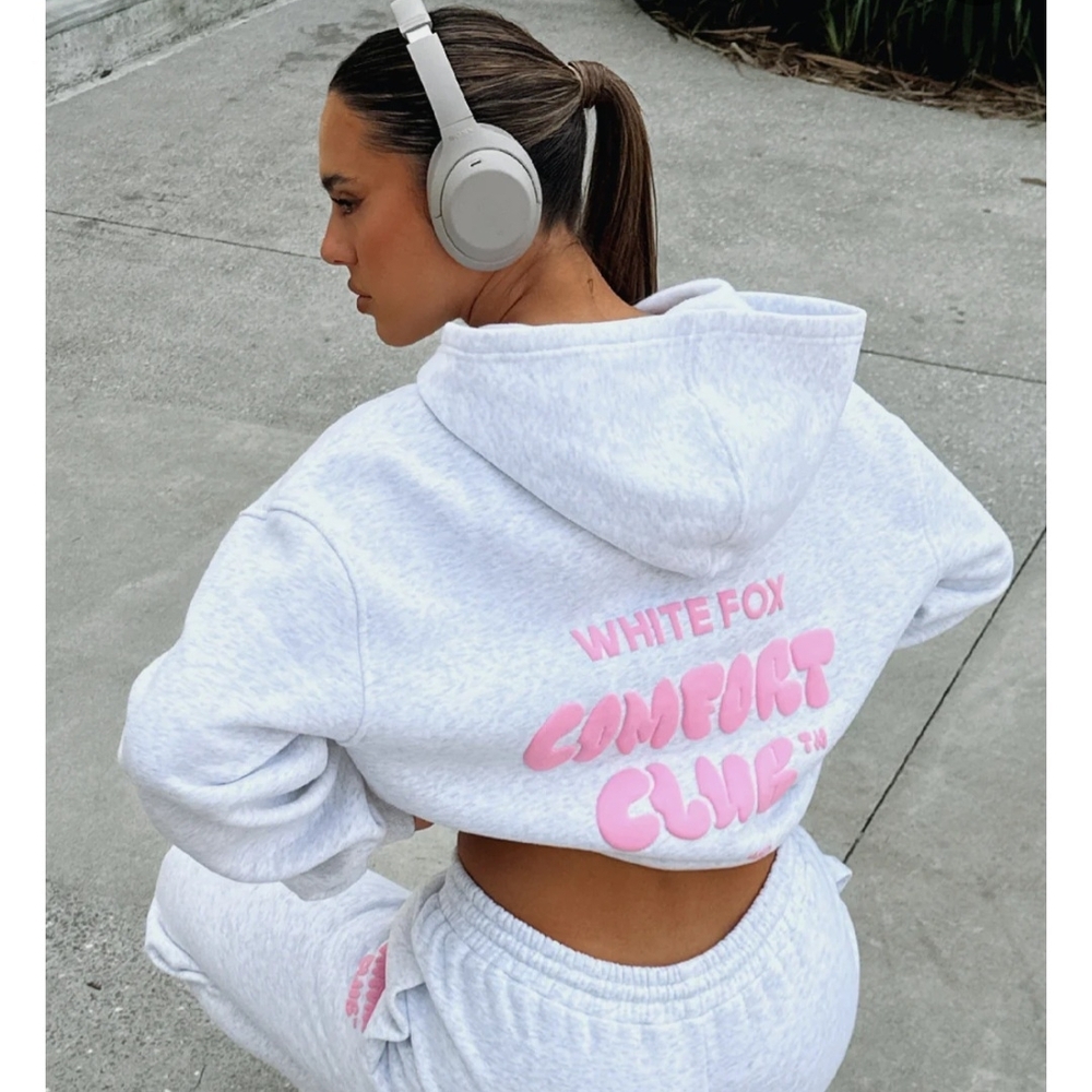 White Fox Boutique Light Gray Hoodie with Pink Print